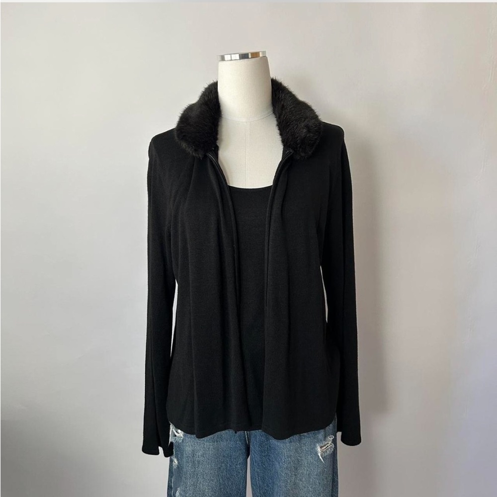 Vintage Y2K Grunge Norton McNaughton Black 100% Silk with Faux Fur Trim Cardigan
